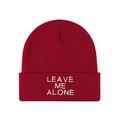 Detailed view of white LEAVE ME ALONE embroidery on burgundy knitted beanie - One Size / Burgundy