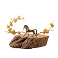 Solid brass horse figurine on rustic wood base with golden plum blossom decor - Small Galloping Horse