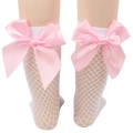Close-up of white mesh socks featuring large pink satin bows on a model with white background - One Size (Parent-Child) / White Fishnet / Pink Bow