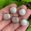 Five flat round natural freshwater pearl charms with gold edges for DIY jewelry making - No.46 Width 12-13mm