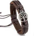 Retro multi-layer brown braided leather tree of life bracelet with adjustable pull cord - Brown Leather Brown Wire
