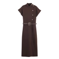 Vestido midi marrón oscuro con cuello alto, botones plateados y cinturón grabado - S / café