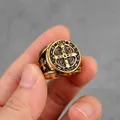 Vintage gold Saint Benedict medal cross ring made of durable stainless steel - US 7 / Antique Gold