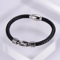 Bracciale in pelle nera intrecciata da uomo con chiusura magnetica in acciaio argento - Nero