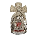 Detailed close-up of crystal champagne bottle clutch with VIP lettering and bow detail - Gold / White Zirconia