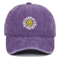 Close-up of vintage washed purple cotton baseball cap with white daisy embroidery - Adjustable / Purple
