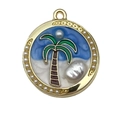 Golden enamel round charm featuring a palm tree design with elegant pearl inlay - Blue Beach Coconut Tree-22057