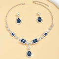 Elegant silver jewelry set with deep blue square stones and sparkling rhinestones - Blue
