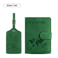 Dark green matte PU leather passport holder and luggage tag set with embossed world map - Magnetic Green Travel Set / Green
