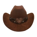 Dark brown faux suede western cowboy hat with a rhinestone heart buckle leather band - One Size / Coffee (Big Heart)
