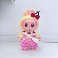 Labubu doll outfit with yellow rabbit hoodie and pink plaid overalls for vinyl face pendants - New Pink Check Cherry Crossbody Bag Set / First And Second Generation Keychains Are Compatible With La Cloth Dolls. Dolls Not Included.