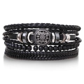Men's vintage multi-layer leather wrap bracelet with hollow sun pattern metal charm - Black (Mandala/Sun Flower)