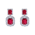 Elegant red faux crystal drop earrings with square cut stones and silver halo setting - Burgundy