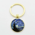 Golden round glass keychain featuring Van Gogh Starry Night art masterpiece pendant - Gold-Starry Night
