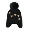 Detailed knit texture of a black kids earflap hat with brown bear embroidery - M (52-54cm) / Black