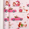 Pink Christmas wrapping paper roll featuring Santa, snowman, and reindeer illustrations - Christmas Car / 43cmx3m