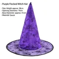 Purple flocked witch hat with black spider web patterns for Halloween parties - Flocked Witch Hat Purple