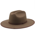 Classic coffee wool felt fedora jazz hat with wide brim and ribbon trim on white background - M(56-58cm) / Light Coffee