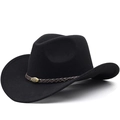 Classic black wool western cowboy hat with brown braided leather band and bull metal ornament - M (56-58cm) / Black