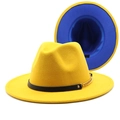 Detail of wool fedora with yellow exterior, blue interior and gold chain leather band - Yellow and Royal Blue
