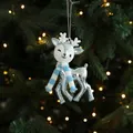 Silver glitter reindeer ornament with blue scarf hanging on Christmas tree, 12cm - Elk Style