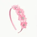 Cerchietto rosa in raso per bambine con quattro decorazioni floreali con strass - Rosa