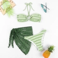 Driedelige groene bikini-set met wave-patroon, haltertop en zwarte mesh omslagdoek - S / Groen