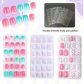 Kids press-on nails set featuring cherry, glitter, and scale designs with jelly glue - Gradient Glitter Macaron Style (04)