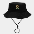 Detail of sunflower embroidery on black cotton bucket hat with adjustable wind rope - Black