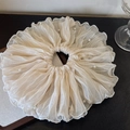 Beige pleated organza scrunchie with white pearl accents for elegant hair styling - Beige Pleated Oversized with Pearls