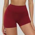 High-waist yoga shorts in deep wine red color with seamless sculpting compression fit - Retro Copper