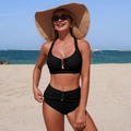 Detail of black bikini set with gold U-ring accent and high-waisted ruched bottoms - S / Black