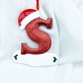 Letter S Christmas tree ornament with red glitter finish and Santa hat detail - Letter S