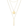 Close-up of three-layered gold necklace with circular disc and vertical bar pendants - Gold
