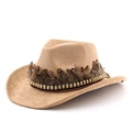 Khaki suede western cowboy hat featuring ethnic style feather trim and metallic beads decoration - M (56-58cm) / Camel
