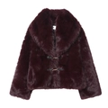 Chaqueta corta de piel sintética burdeos para mujer con solapas grandes y hebillas - XS / Marrón Rojizo