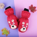 Waterproof red cartoon bear ski mittens for kids with warm black knitted cuffs - One Size / Red Bear / 5-8 Years