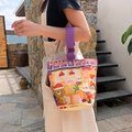 Cream canvas bucket bag with purple handles and colorful rabbit shop illustration - Christmas Bear
