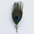 Elegant natural peacock feather brooch with a silver metal base on white background - Silver Gray