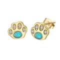 Golden animal paw stud earrings featuring blue-green opal and white cubic zirconia - Gold Cat Paw Opal Style (SE402-14K)