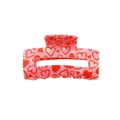 Pink rectangular hair claw clip with red and gold heart patterns on acetate finish - Pink with Red & Gold Outline Hearts