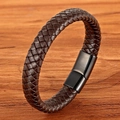 Brown braided leather bracelet with black magnetic clasp for men on wooden surface - 19cm / Black Clasp Brown Leather