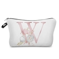 Detailed view of white makeup bag with pink floral letter W print and black zipper - Letter W Style