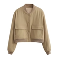 Women's khaki short pilot jacket with stand collar and dual pockets in size S - S / Khaki