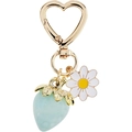 Detail of light blue strawberry and white daisy charm on a golden metal keychain - Blue 4