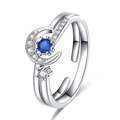 Minimalist silver celestial open ring featuring star moon design and blue center stone - Star Moon Blue Zirconia / Platinum Color-J259