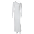 Detail of white one-shoulder maxi dress featuring front twist knot and elegant ruching - S / White