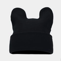 Detail of black knitted beanie with cute bear ears and ribbed cuff texture - Black