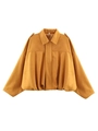 Detail of ginger yellow faux suede jacket featuring notched lapels and soft velvet texture - S / Tops / Turmeric