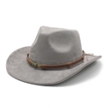 Detail of grey suede cowboy hat with braided brown band and vintage skull emblem - M (56-59cm) / Gray